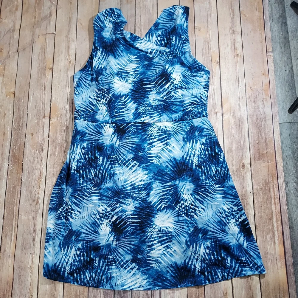 Lands End blue and white surplice swim dress 18